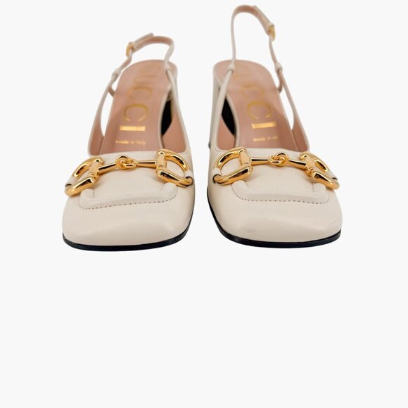 Gucci Baby Horsebit White Leather Slingback Pumps Block Heels Size 37.5 US 7.5 - Picture 6 of 15